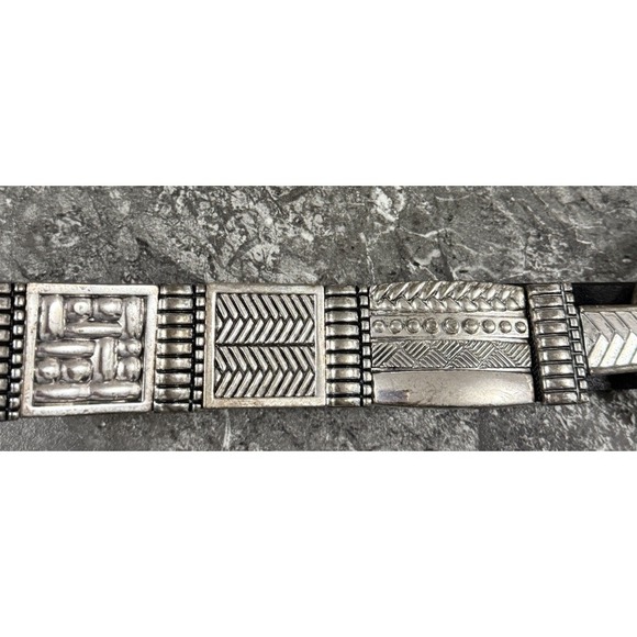 Vintage Chicos Chunky Metal Silver Tone Belt Womens M Leather Art To Wear Boho - Picture 2 of 8